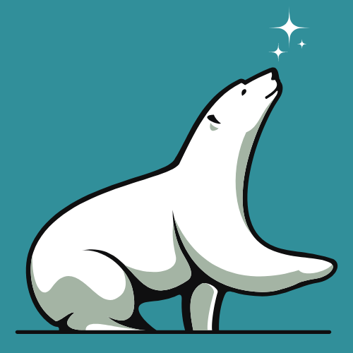 blue background with a stylized polar bear looking up to the North Star